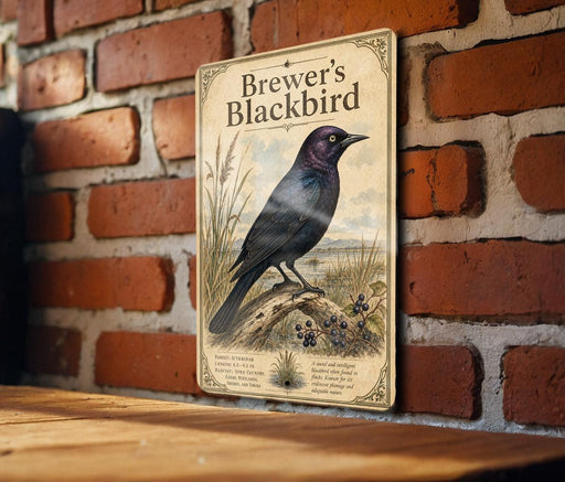 A vintage-style sign for "Brewer's Blackbird" is displayed on a brick wall, featuring an illustration of the bird perched on a branch with wildflowers.