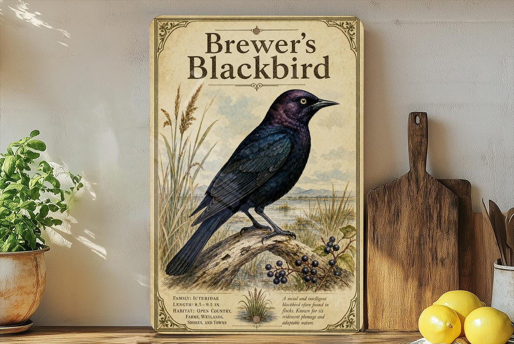 A vintage-style poster of a blackbird is displayed on a shelf, accompanied by a wooden cutting board, a potted plant, and some lemons.
