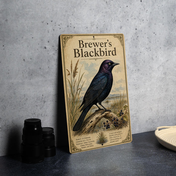 A vintage-style poster of Brewer's Blackbird, featuring a detailed illustration of the bird perched on a branch with berries and grasses.