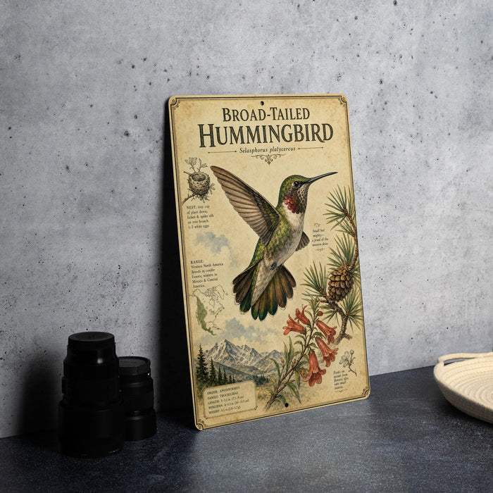 a metal sign with a detailed illustration of a broad-tailed hummingbird, surrounded by various plants and flowers.