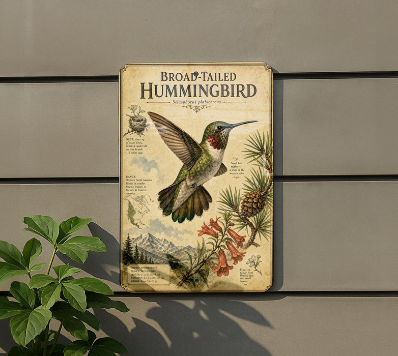 a vintage-style illustration of a hummingbird, with detailed illustrations of the bird's colorful feathers, wings, and beak. The hummingbird is surrounded by various plants and flowers, creating a lush and vibrant scene. The image is mounted on a wall, and there is a plant visible in the foreground.