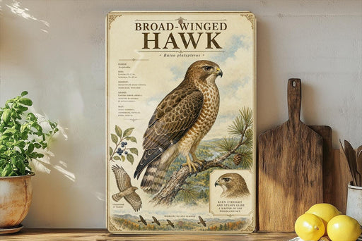 a large poster of a broad-winged hawk, with a detailed illustration of the bird and its natural habitat. The poster is displayed on a shelf next to a wooden cutting board and a potted plant.