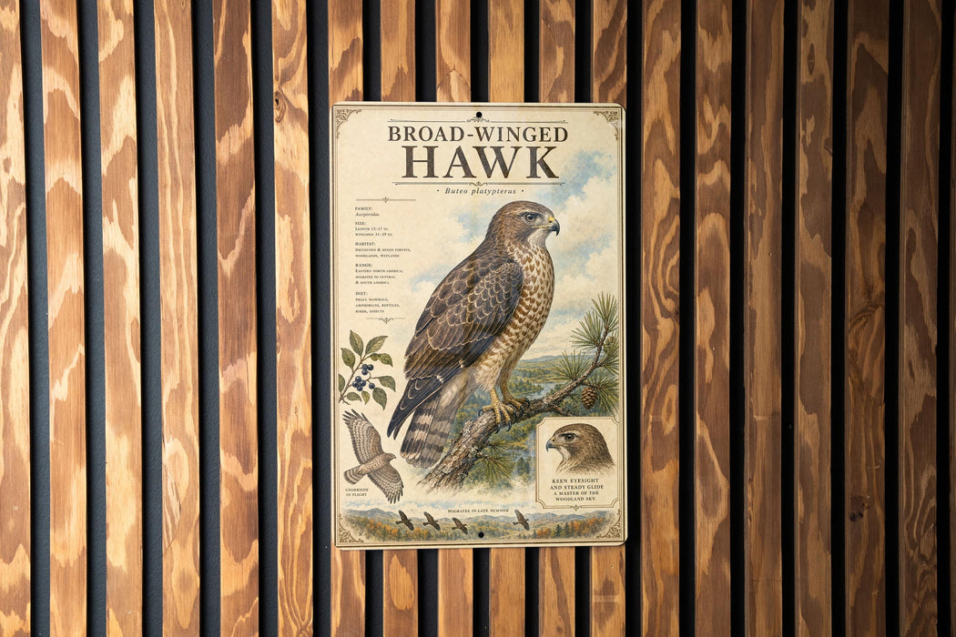 a poster of a broad-winged hawk, mounted on a wooden wall.