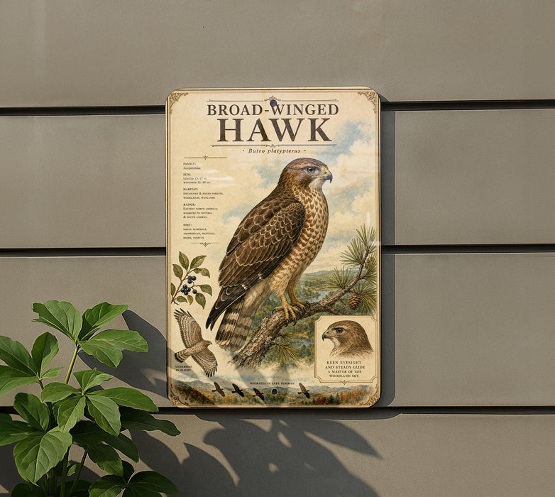 a metal sign with a detailed illustration of a broad-winged hawk, mounted on a wall.