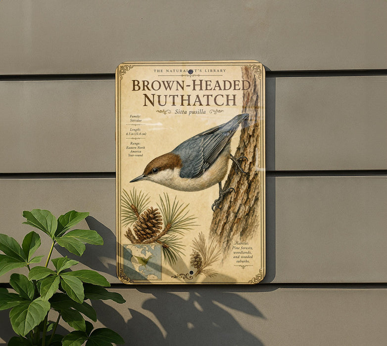 a book cover for "Brown-Headed Nuthatch" by the Natural History Library, with a bird illustration and pine cones on the cover.