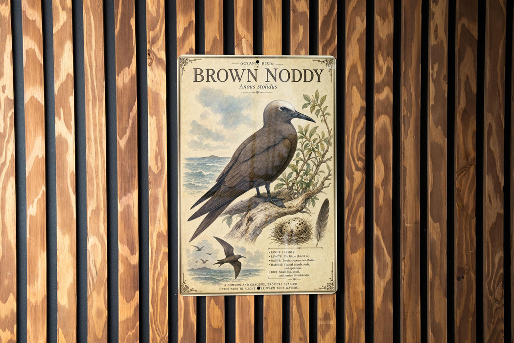 a vintage-style poster of a bird, specifically the Brown Nody, mounted on a wooden wall.