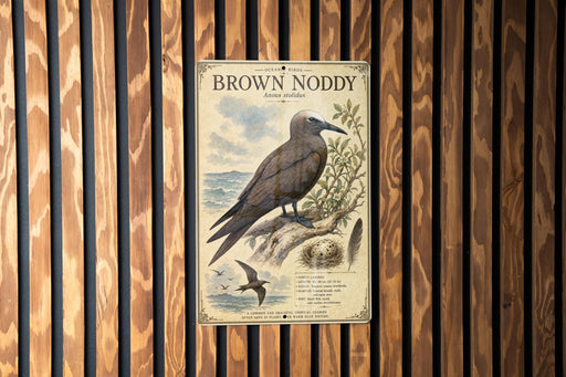 a vintage-style poster of a bird, specifically the Brown Nody, mounted on a wooden wall.