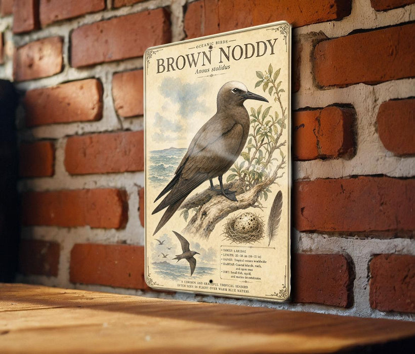 a vintage-style metal sign with a bird illustration, mounted on a brick wall.