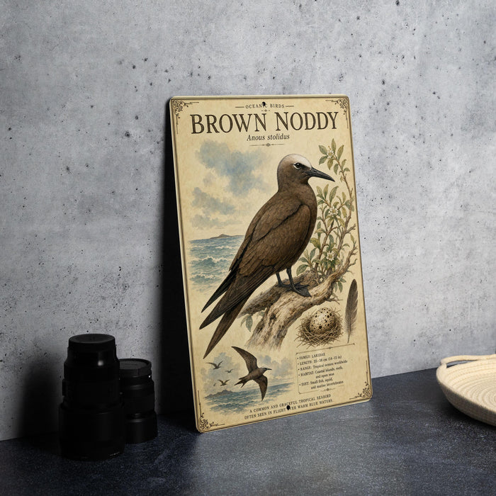 a vintage-style illustration of a brown nody bird, with a detailed depiction of its features and surroundings.