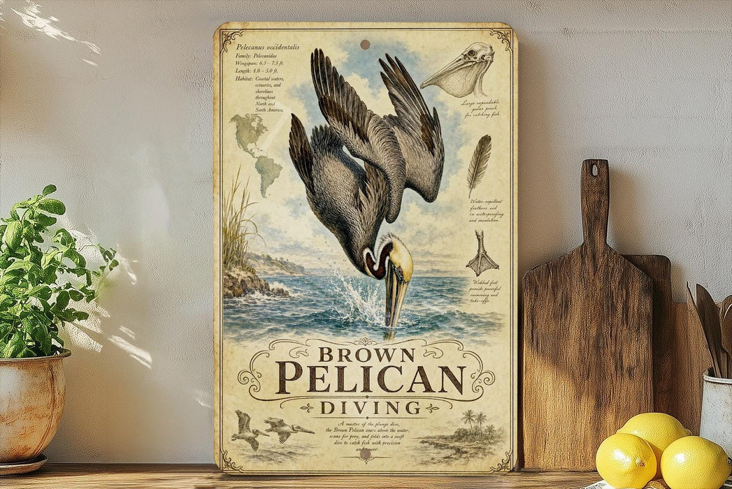 a vintage-style sign with illustrations of pelicans and diving birds, placed on a wooden surface next to a potted plant and a cutting board.