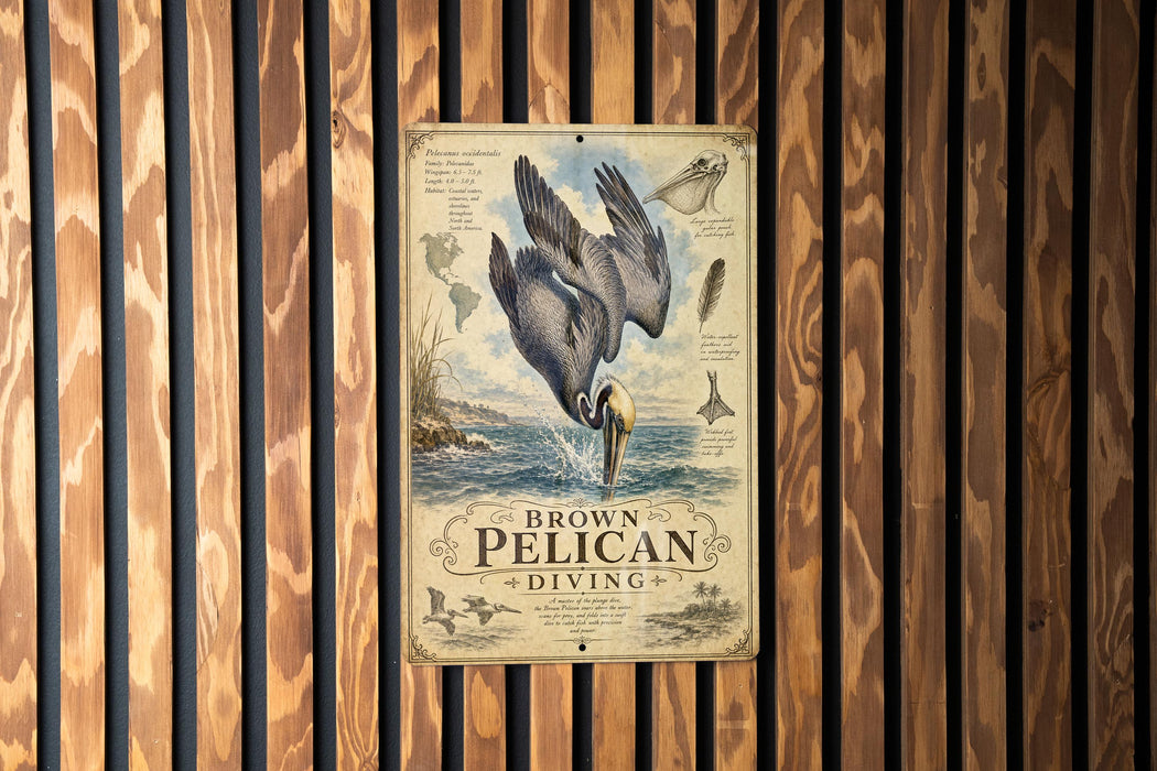 a vintage-style poster of a pelican diving into the water, mounted on a wooden wall.