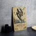 a vintage-style metal sign with an illustration of a pelican diving into the water, accompanied by text and decorative elements.