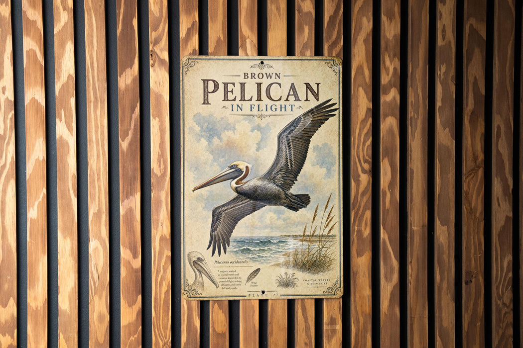 A vintage-style poster of a pelican in flight, mounted on a wooden wall.