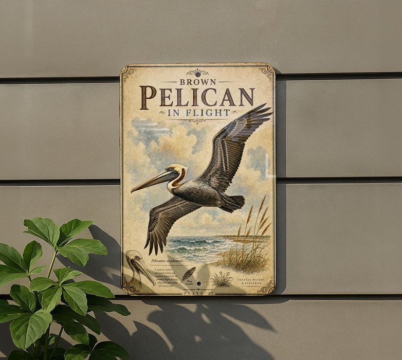 A vintage-style sign featuring a pelican in flight, with the text "BROWN PELICAN IN FLIGHT" prominently displayed.