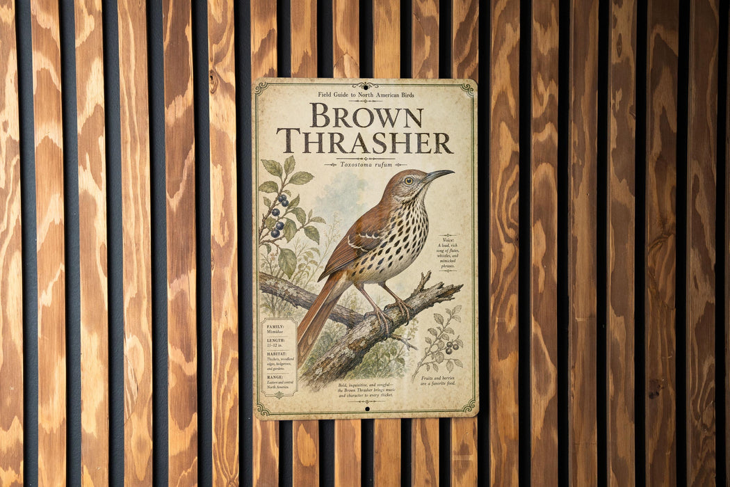 a sign with a brown thrush bird illustration, mounted on a wooden wall.