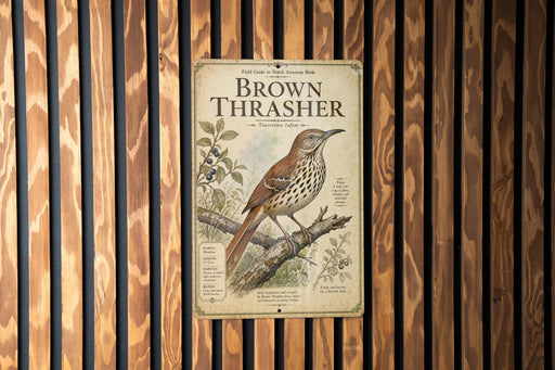 a sign with a brown thrush bird illustration, mounted on a wooden wall.