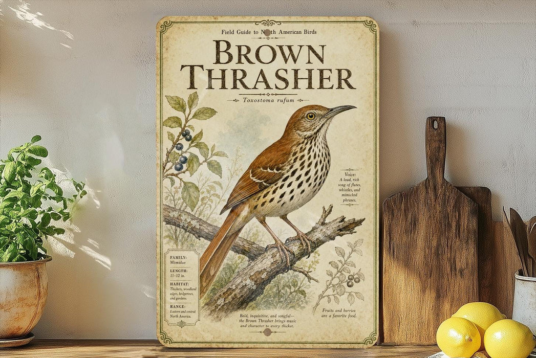 a vintage-style field guide to the Brown Thrasher, a bird species, with illustrations and text.