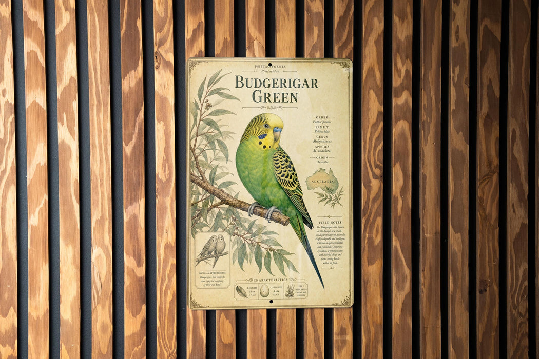 a vintage-style metal plaque with a detailed illustration of a Budgerigar Green parrot perched on a branch.