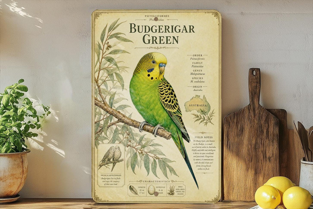 a vintage-style poster or painting of a Budgerigar Green parrot, which is a type of parrot, displayed on a wall. The poster includes detailed illustrations and text about the Budgerigar Green parrot, as well as some additional text and images related to the bird.