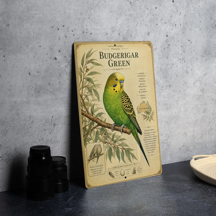 a vintage-style metal plaque with a detailed illustration of a Budgerigar Green parrot, accompanied by text and illustrations.