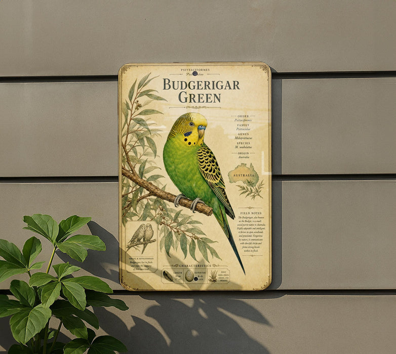 a vintage-style metal plaque with a detailed illustration of a Budgerigar Green parrot perched on a branch.