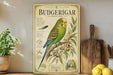 a vintage-style poster of a Budgerigar, a small parrot, displayed on a shelf next to a wooden cutting board and some lemons.