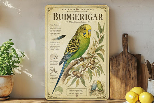 a vintage-style poster of a Budgerigar, a small parrot, displayed on a shelf next to a wooden cutting board and some lemons.