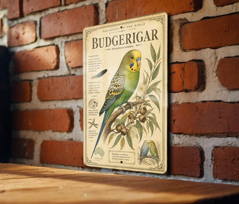 a vintage-style metal sign with a detailed illustration of a Budgerigar, a small parrot, on a brick wall.