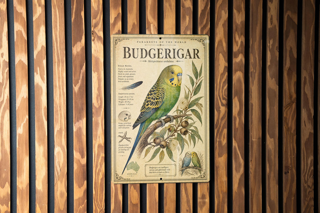 a vintage-style poster of a Budgerigar, a small parrot, mounted on a wooden wall.