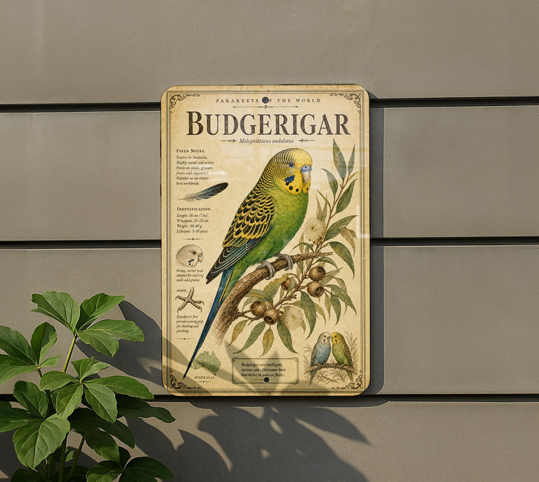 a vintage-style metal sign with illustrations and text, mounted on a wall next to a plant.