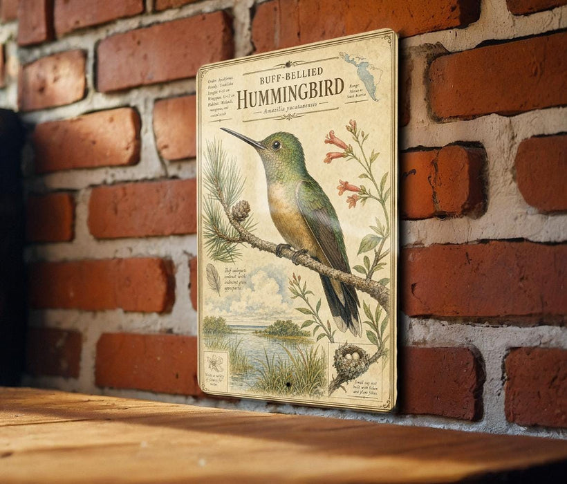 A vintage-style metal sign depicting a hummingbird perched on a branch, with illustrations of flowers and a landscape in the background.