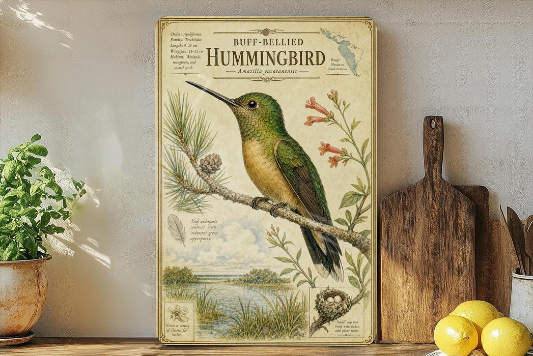 a vintage-style illustration of a Buff-bellied Hummingbird perched on a branch, surrounded by various natural elements such as flowers and pine cones.