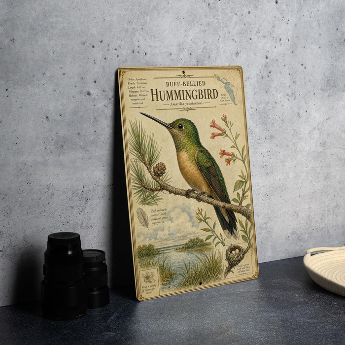 A vintage-style metal sign depicting a hummingbird perched on a branch, with a detailed illustration of the bird and its surroundings.
