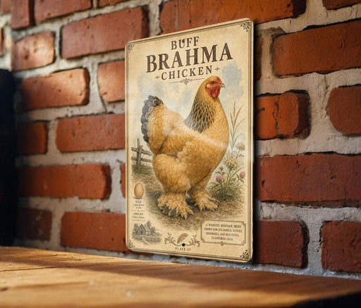 A vintage-style metal sign featuring a large illustration of a chicken, mounted on a brick wall.