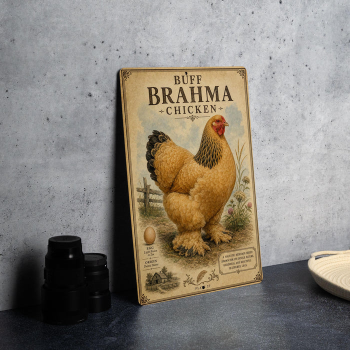 a vintage-style metal sign with an illustration of a large chicken, placed on a countertop next to some black camera lenses.