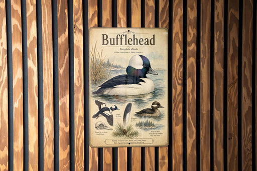 A vintage-style metal sign with illustrations and text, mounted on a wooden wall.