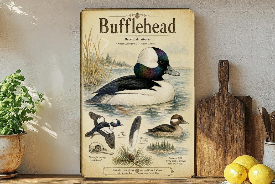 a framed illustration of a duck, with text providing information about the species.