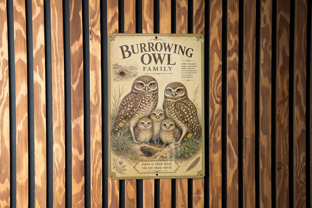 a poster of Burrowing Owls, a family of owls, displayed on a wooden wall.