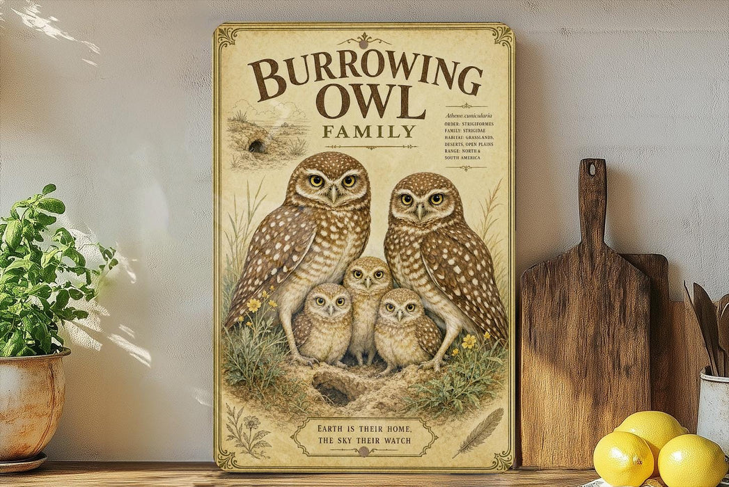 a vintage-style poster of a burrowing owl family, with illustrations of the family members and a caption that reads "Earth is their home, the sky their watch".