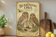 a vintage-style poster of a burrowing owl family, with illustrations of the family members and a caption that reads "Earth is their home, the sky their watch".