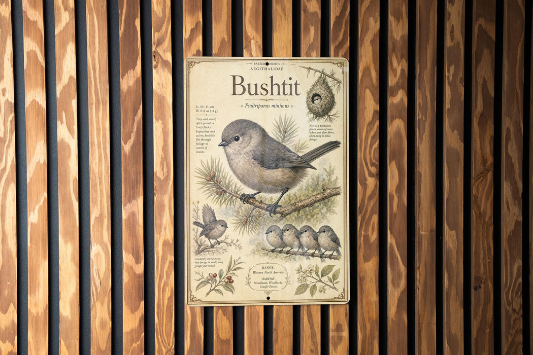 a vintage-style metal sign with illustrations and text about a small bird called Bushit.