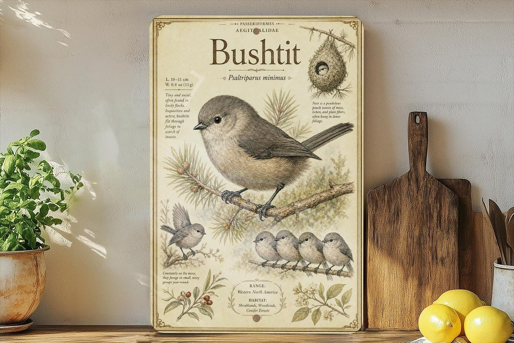 a poster or painting of a small bird, specifically a bush tit, perched on a branch. The poster includes illustrations and text that provide information about the bush tit, such as its size, habitat, and behavior. The poster is displayed on a shelf next to a wooden cutting board and a potted plant, creating a homely and nature-inspired setting.