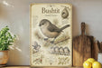 a poster or painting of a small bird, specifically a bush tit, perched on a branch. The poster includes illustrations and text that provide information about the bush tit, such as its size, habitat, and behavior. The poster is displayed on a shelf next to a wooden cutting board and a potted plant, creating a homely and nature-inspired setting.