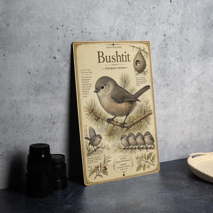 A vintage-style metal sign with illustrations and text about the Bush tit bird, which is a small, gray bird with a distinctive appearance.