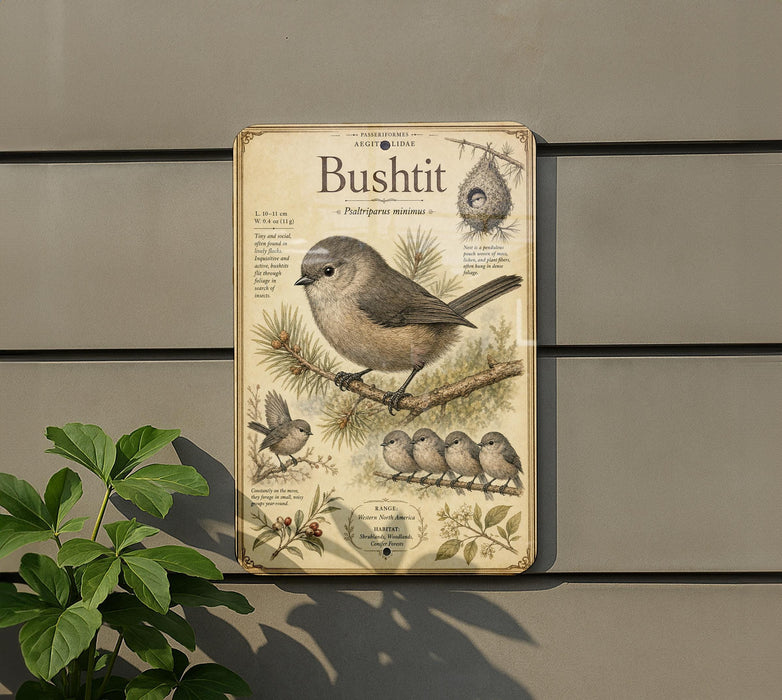 a vintage-style metal plaque with illustrations and text about a small bird, specifically a bush tit, perched on a branch.