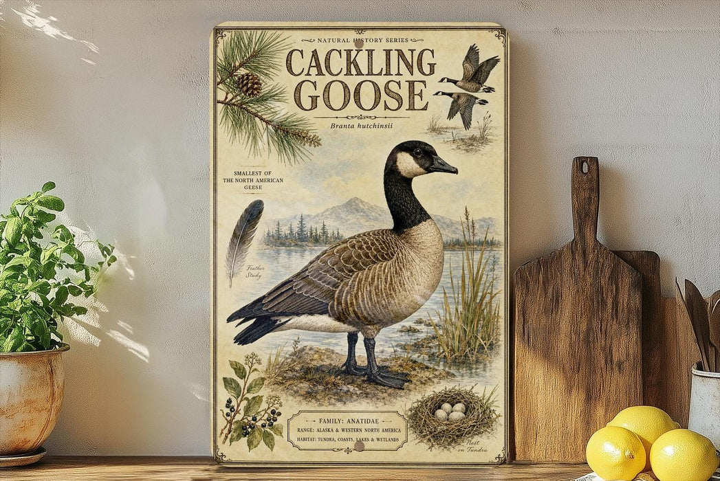a vintage-style illustration of a Canadian goose, with a wooden cutting board and other kitchen items in the foreground.