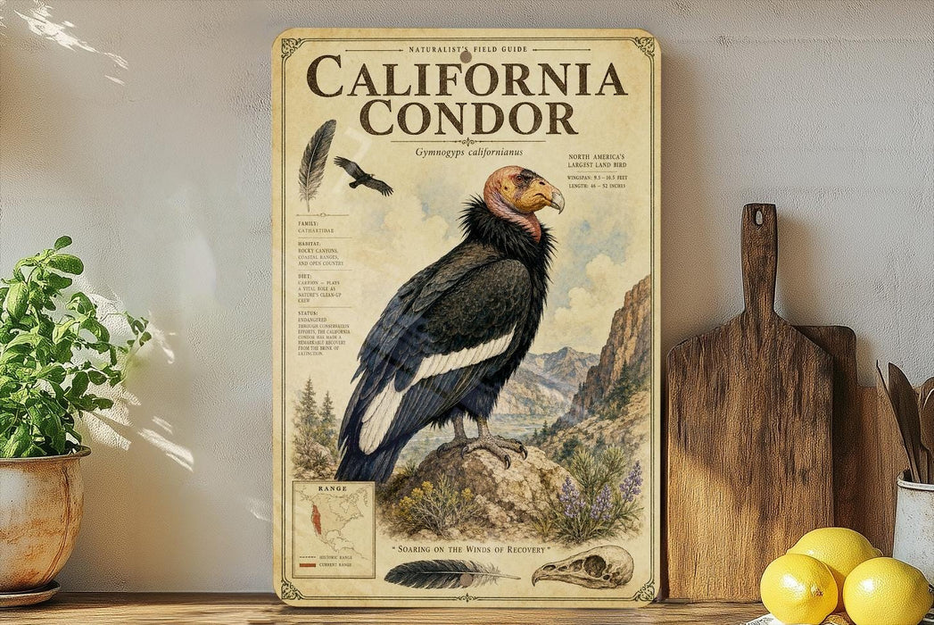 a vintage-style poster of a California condor, a large bird of prey, displayed on a shelf next to a wooden cutting board and some potted plants.