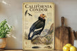 a vintage-style poster of a California condor, a large bird of prey, displayed on a shelf next to a wooden cutting board and some potted plants.