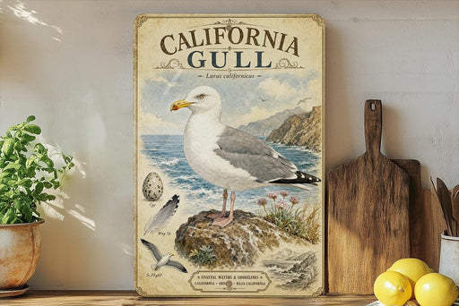 a vintage-style poster of a California gull, a seabird, displayed on a wall. The poster includes illustrations of the bird, its natural habitat, and some text. The poster is surrounded by various kitchen items, such as a cutting board, a lemon, and a potted plant.