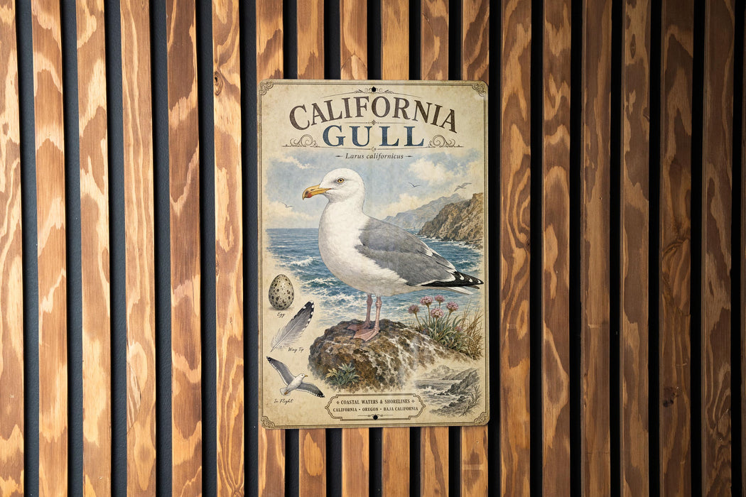 a vintage-style poster of a seagull, with a coastal landscape in the background, mounted on a wooden wall.